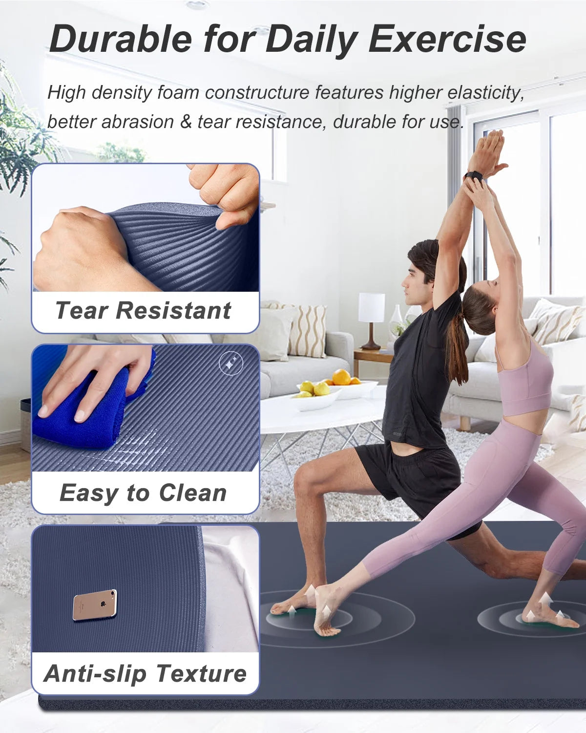 Large Yoga Mat 78X51" 10Mm Thick Exercise Mats for Pilates Gymnastics Workout, Navy Blue