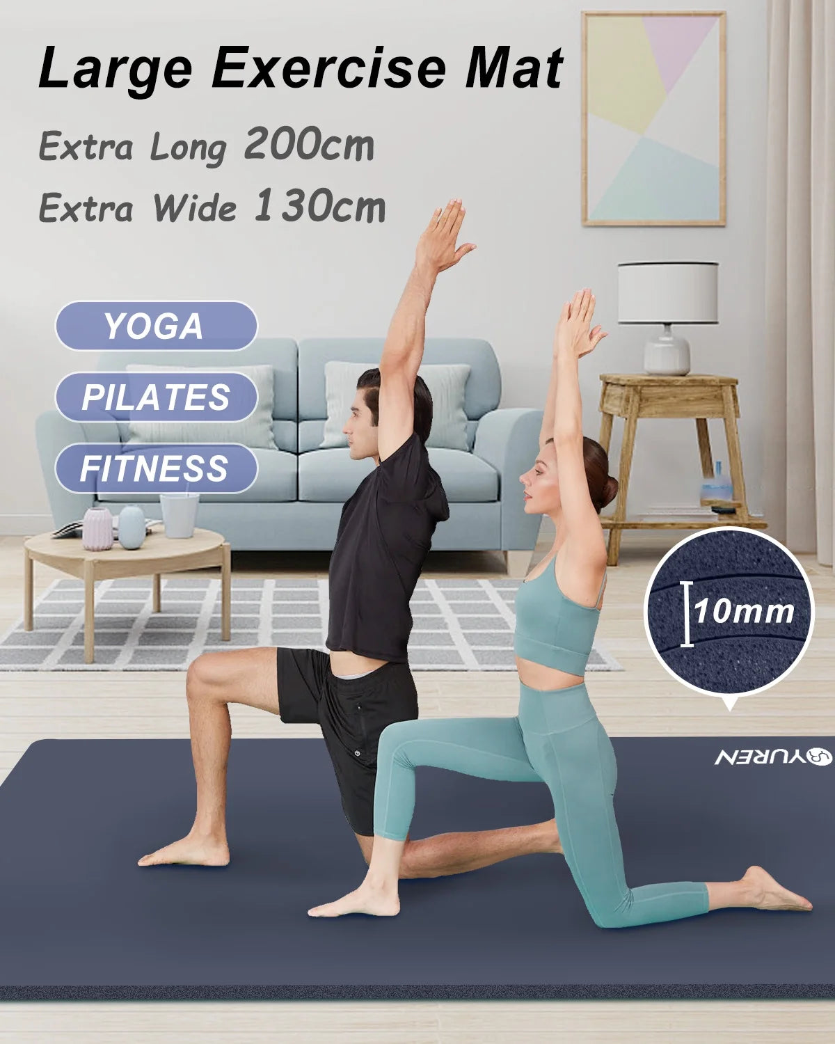 Large Yoga Mat 78X51" 10Mm Thick Exercise Mats for Pilates Gymnastics Workout, Navy Blue