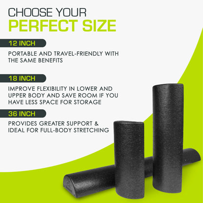 High Density Half-Round Foam Rollers 12”, 18", 36" Black