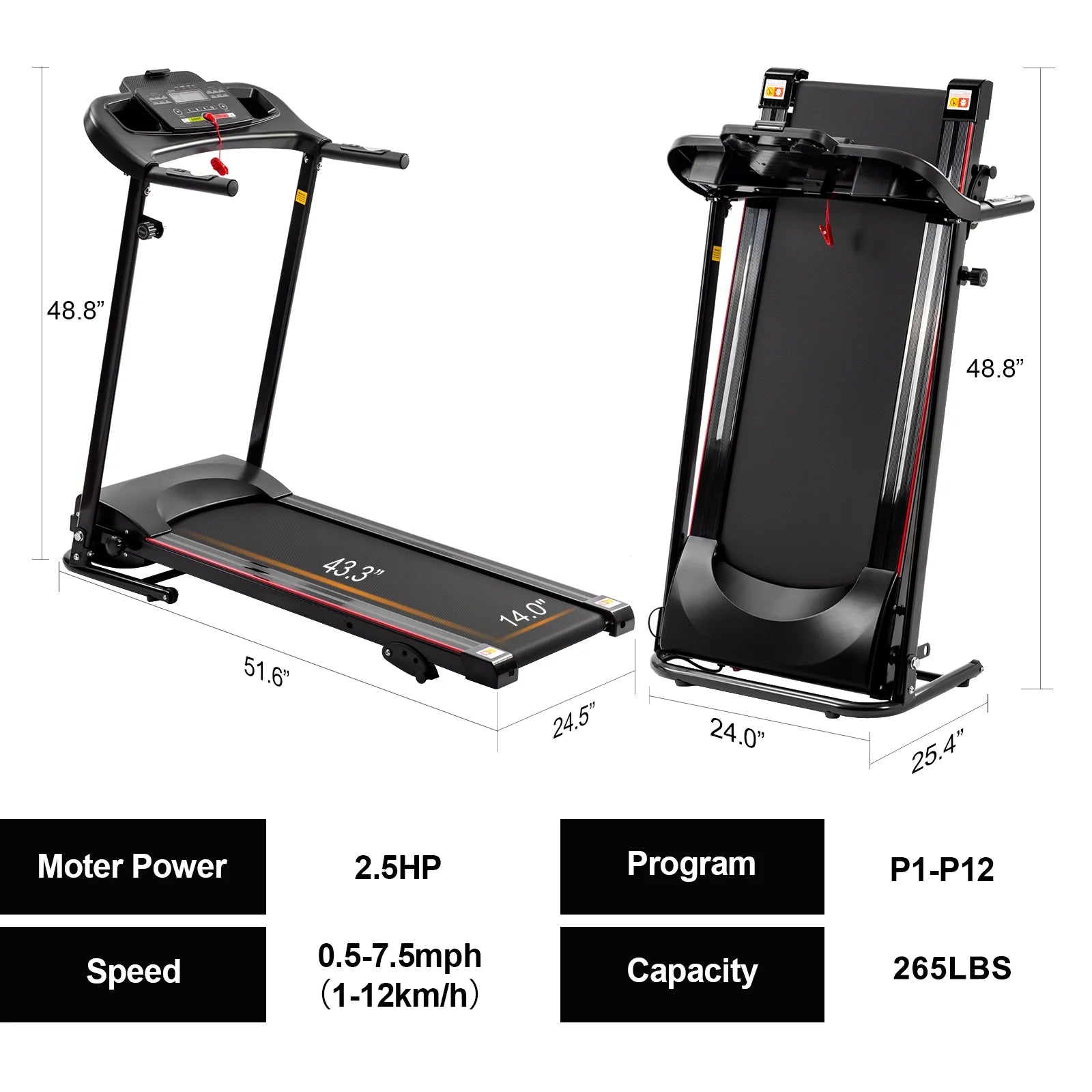 2.5HP Folding Treadmills for Home with Bluetooth & Incline, Portable Running Machine Electric Compact Treadmills Foldable for Exercise Home Gym Fitness Walking Jogging