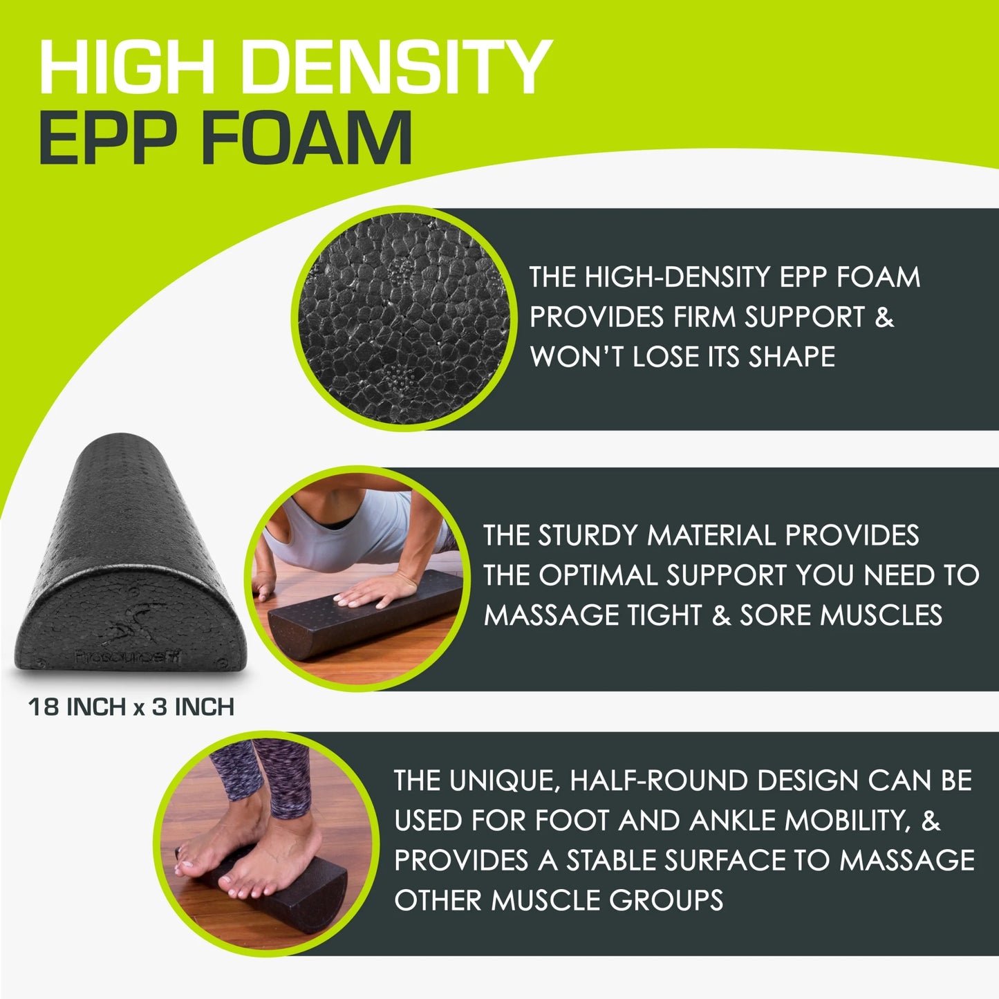 High Density Half-Round Foam Rollers 12”, 18", 36" Black